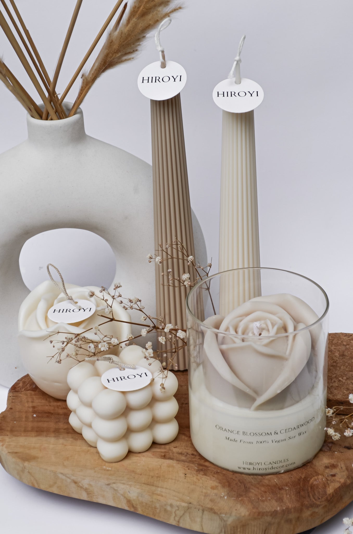 Elegant handmade scented candle with beige rose for wedding favour