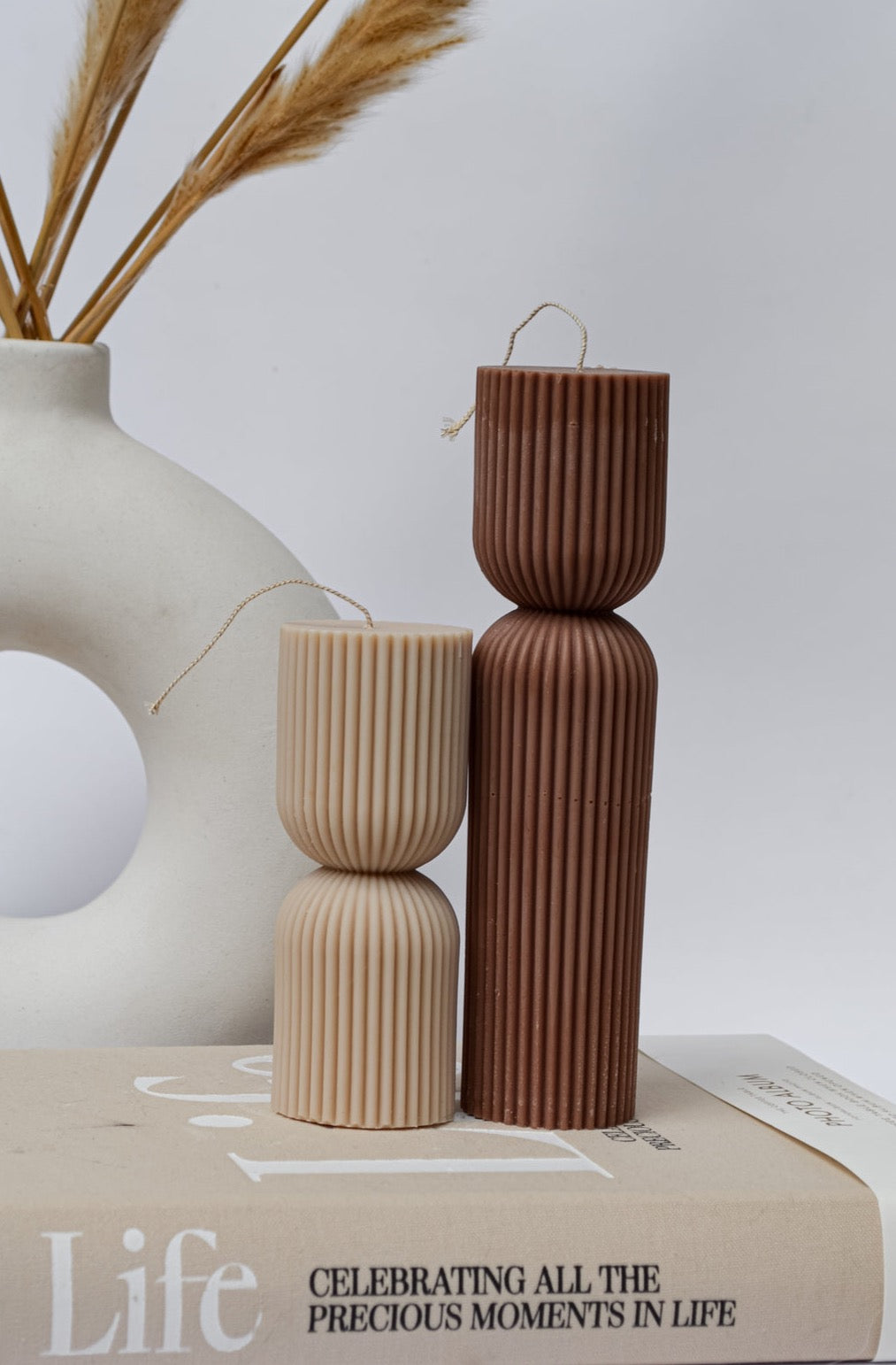Beige wabi-sabi aesthetic ribbed elegant design candle pair